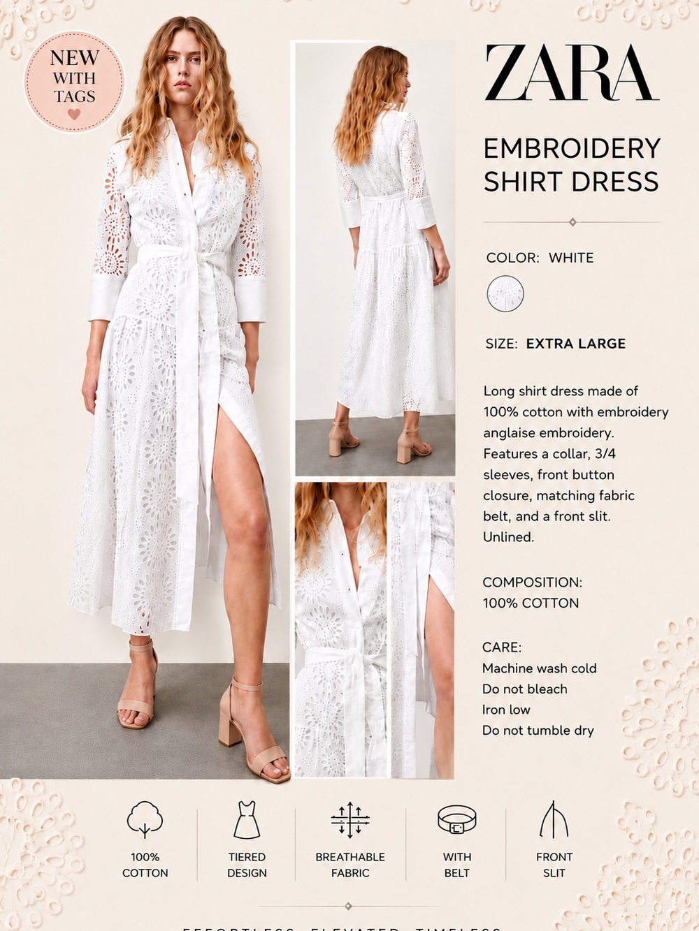 ZARA White Eyelet Shirt Maxi Dress with collar and belt Cotton NWT Medium - Picture 3 of 12
